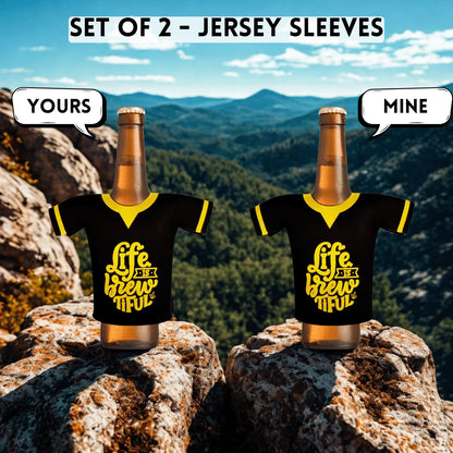 Outer Woods beer bottle coozie set of 2 – pair of sleeves empty, upright on plain background