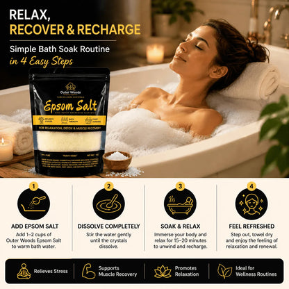 Outer Woods Epsom Salt for muscle recovery, detox, and relaxation, supports wellness and soothes tired body.