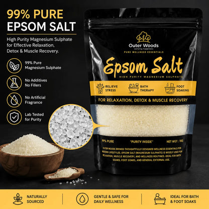 Outer Woods Epsom Salt for muscle recovery, detox, and relaxation, supports wellness and soothes tired body.