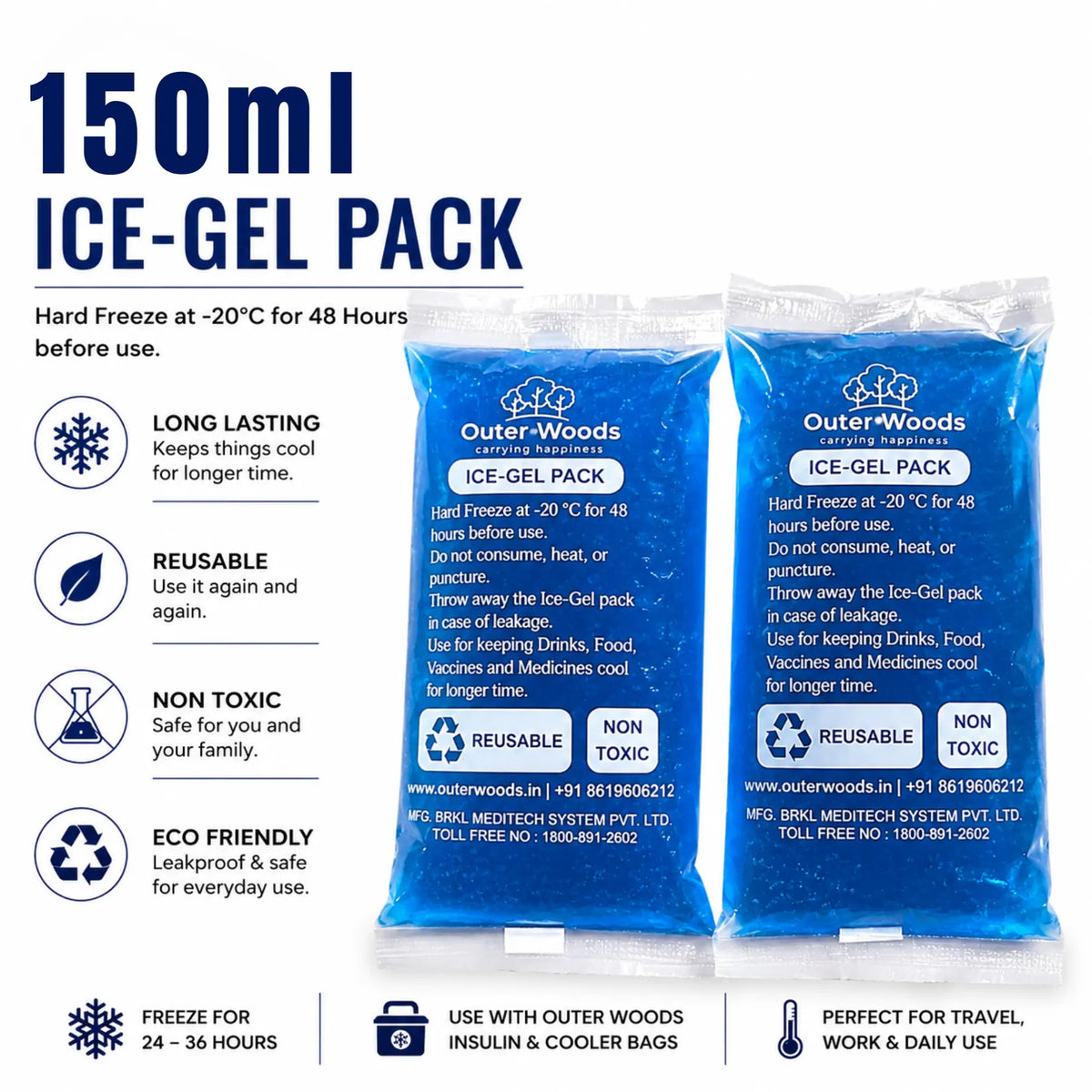 Outer Woods Ice Gel Packs 150ml Set | Non-Toxic Leak-Proof Cold Gel Pads for Picnic, Travel, Vaccine, Insulin, Food & Drinks