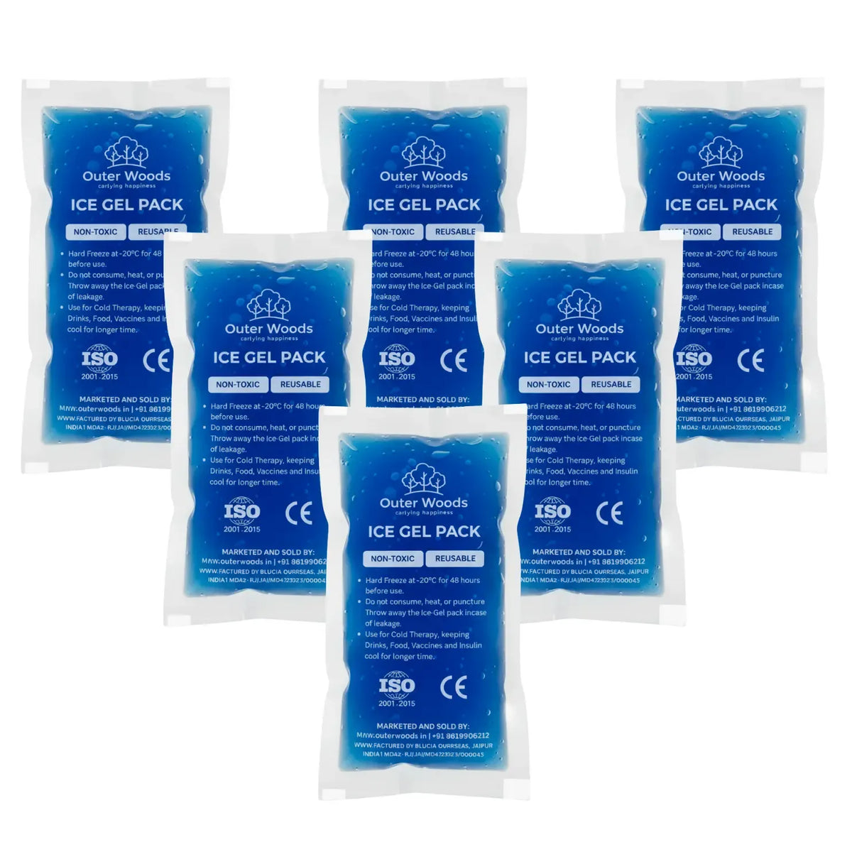 Outer Woods Ice Gel Packs 150ml | Set of 6 | Non-Toxic Leak-Proof Cold Gel Pads for Picnic, Travel, Vaccine, Insulin, Food & Drinks