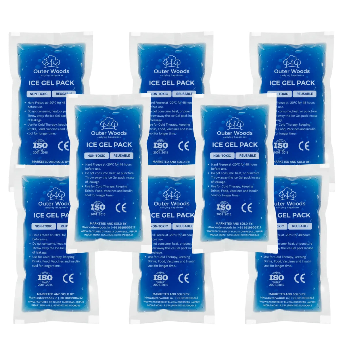 Outer Woods Ice Gel Packs 150ml | Set of 8 | Non-Toxic Leak-Proof Cold Gel Pads for Picnic, Travel, Vaccine, Insulin, Food & Drinks