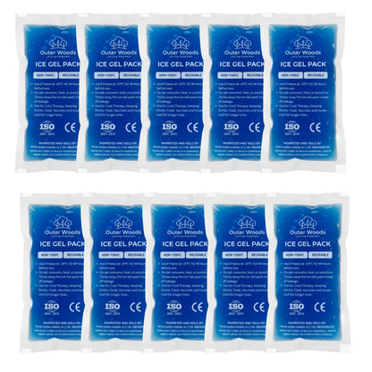 Outer Woods Ice Gel Packs 150ml | Set of 10 | Non-Toxic Leak-Proof Cold Gel Pads for Picnic, Travel, Vaccine, Insulin, Food & Drinks