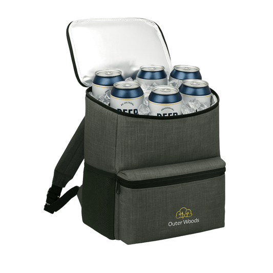 Outer Woods insulated backpack cooler with beer cans inside, ideal for picnics and outdoor outings.