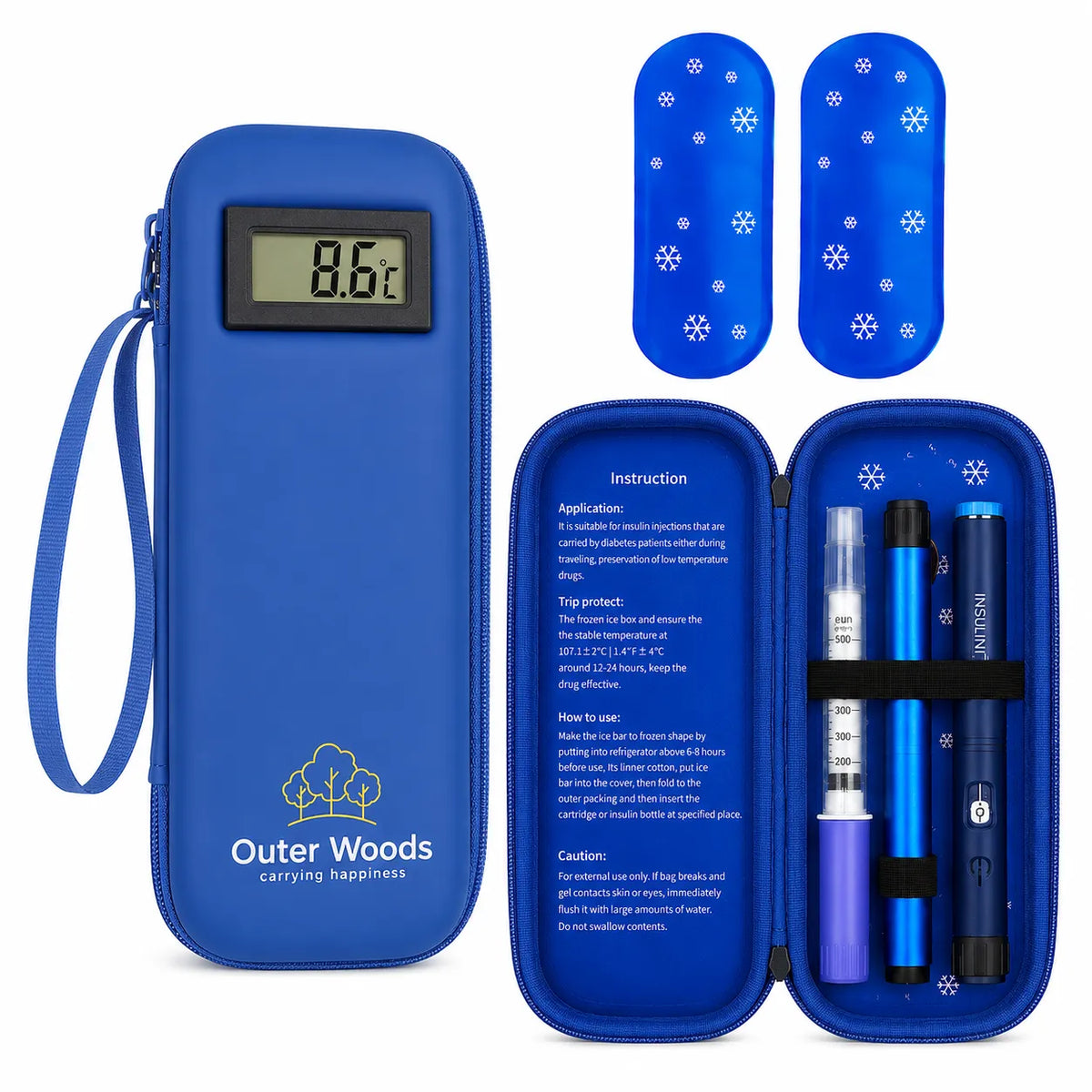 Outer Woods Insulated Insulin Cooler Bag with Temperature Display | 6+ Hours Cooling | 2 Ice Gel Packs Included