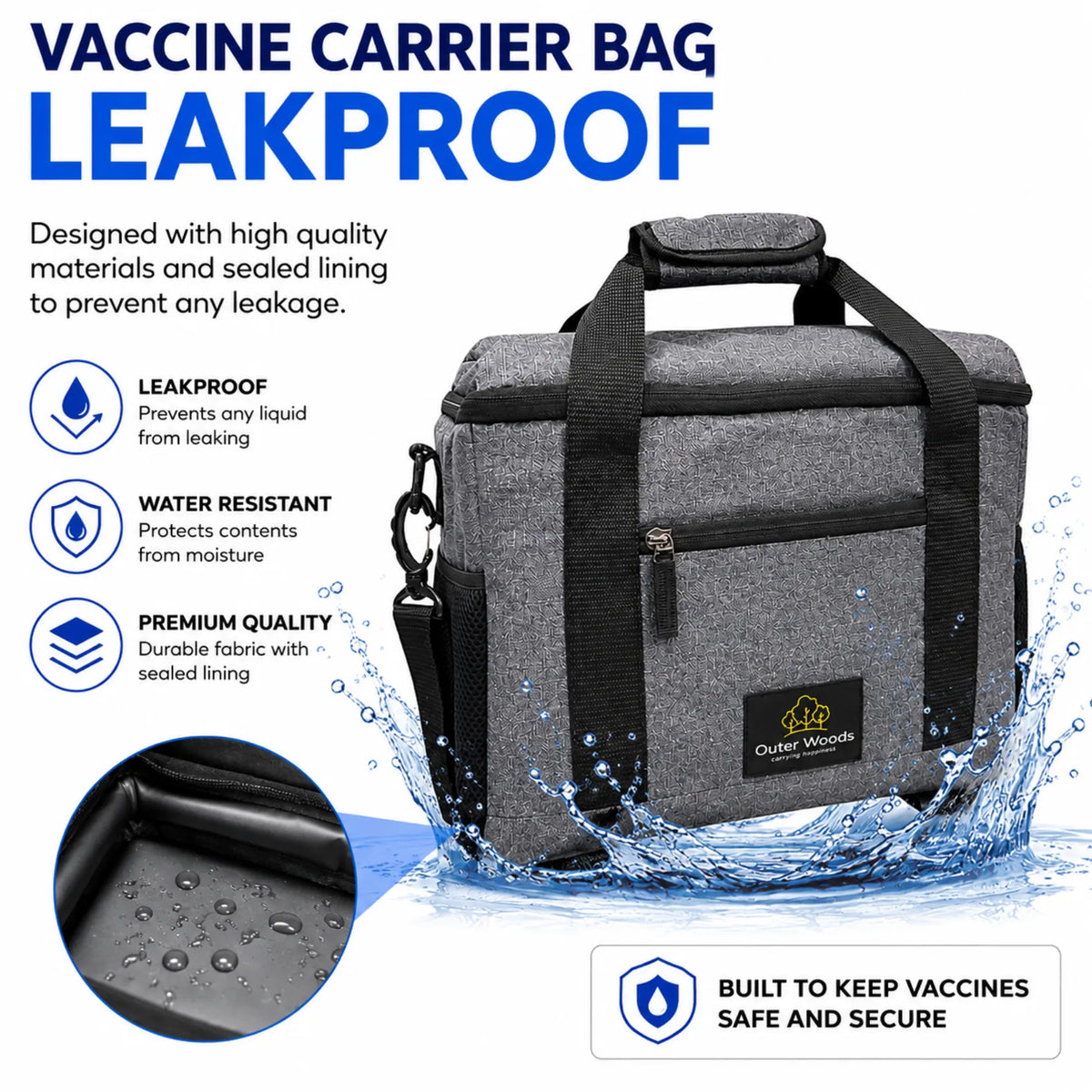 Outer Woods Insulated Vaccine Carrier Bag | 12+ Hours Cooling | 18L Vaccine Cooler Bag | 6 x 250ml Ice Gel Packs Included