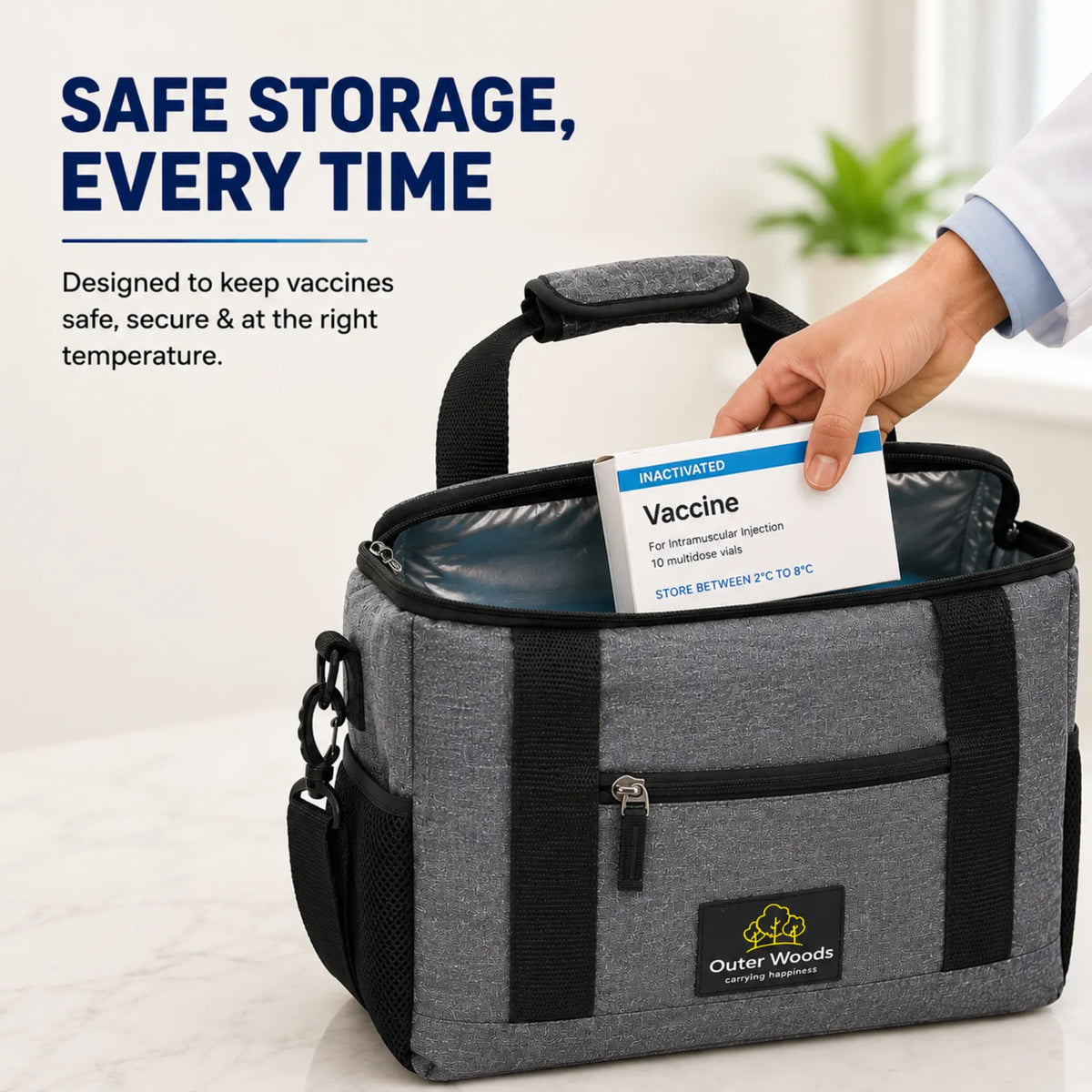 Outer Woods Insulated Vaccine Carrier Bag | 12+ Hours Cooling | 18L Vaccine Cooler Bag | 6 x 250ml Ice Gel Packs Included
