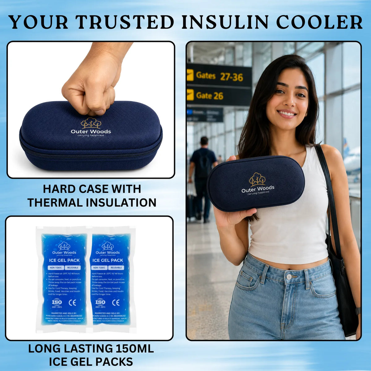 Outer Woods Insulin Cooler Bag Pro | 8+ Hours Cooling | Hard Case for Insulin Storage | 2 x 150ml Ice Gel Packs Included (Copy)