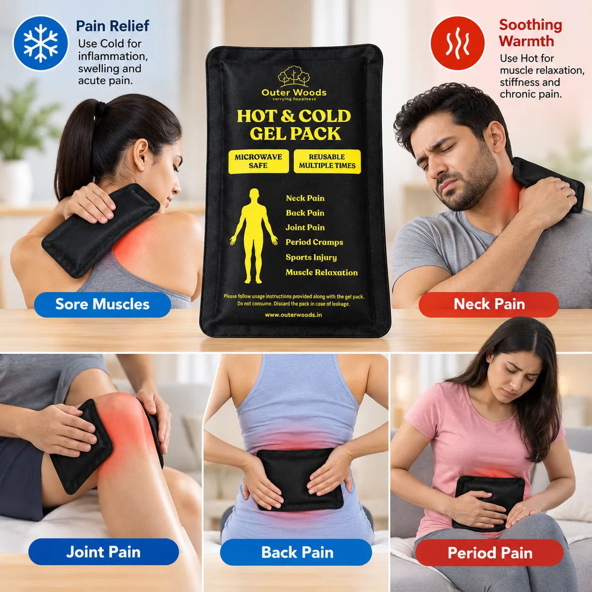 Outer Woods Soft Touch Hot & Cold Ice Gel Pack 250ml | Reusable Ice Pack for Knee Pain, Back Pain, Period Cramps & Sports Injury | Microwave & Freezer Safe Therapy Pack