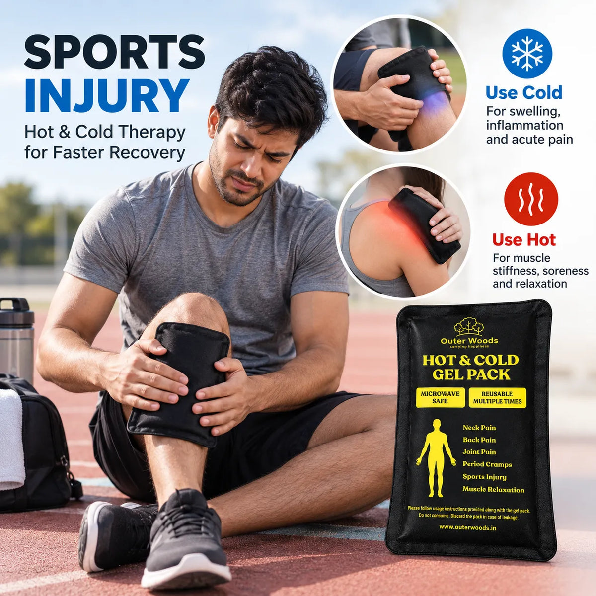 Outer Woods Soft Touch Hot & Cold Ice Gel Pack 250ml | Reusable Ice Pack for Knee Pain, Back Pain, Period Cramps & Sports Injury | Microwave & Freezer Safe Therapy Pack