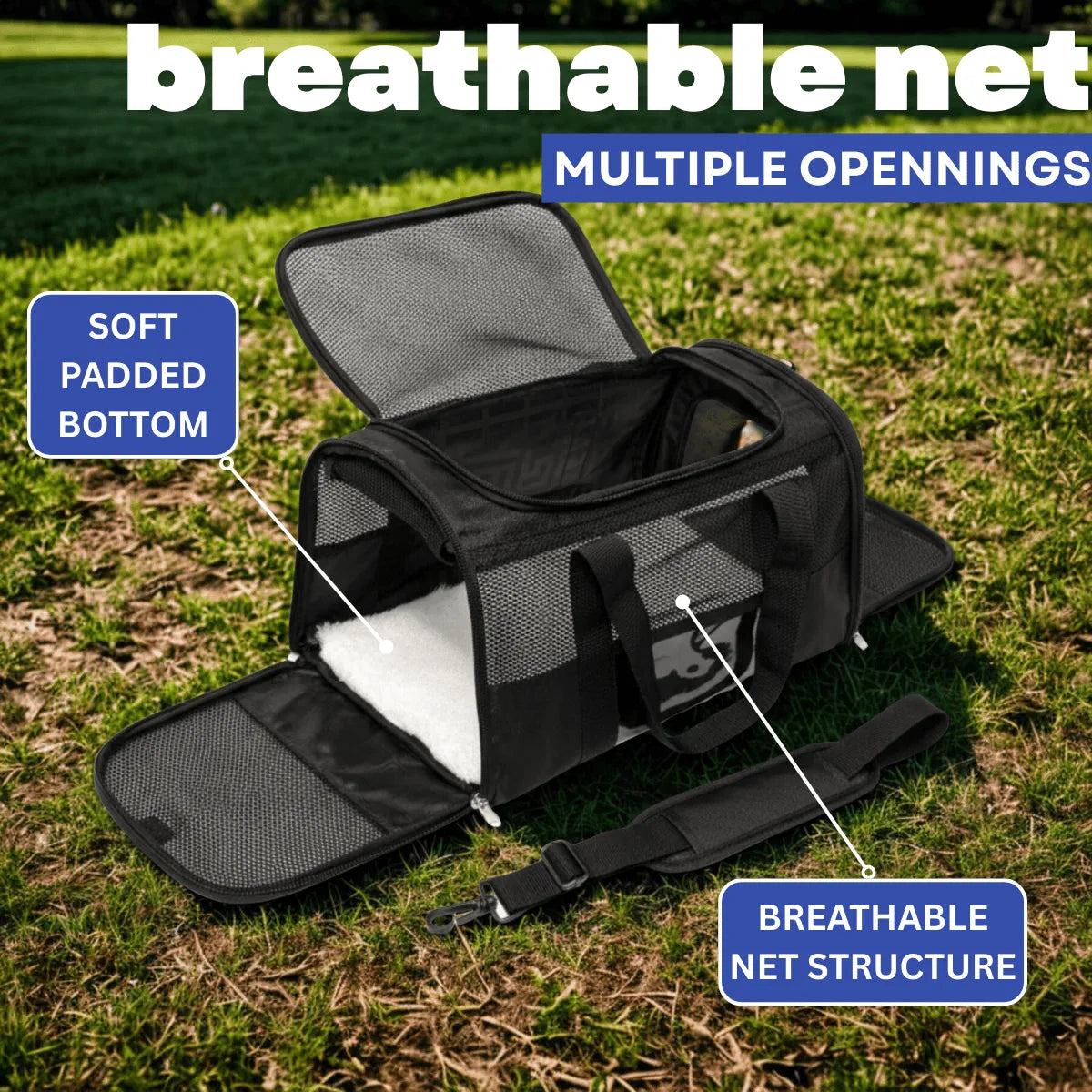 Pet Carrier Bag for Small Dogs and Cats | Breathable Mesh Travel Crate with Padded Shoulder Strap, Food Bowl & Soft Bottom | Foldable Design