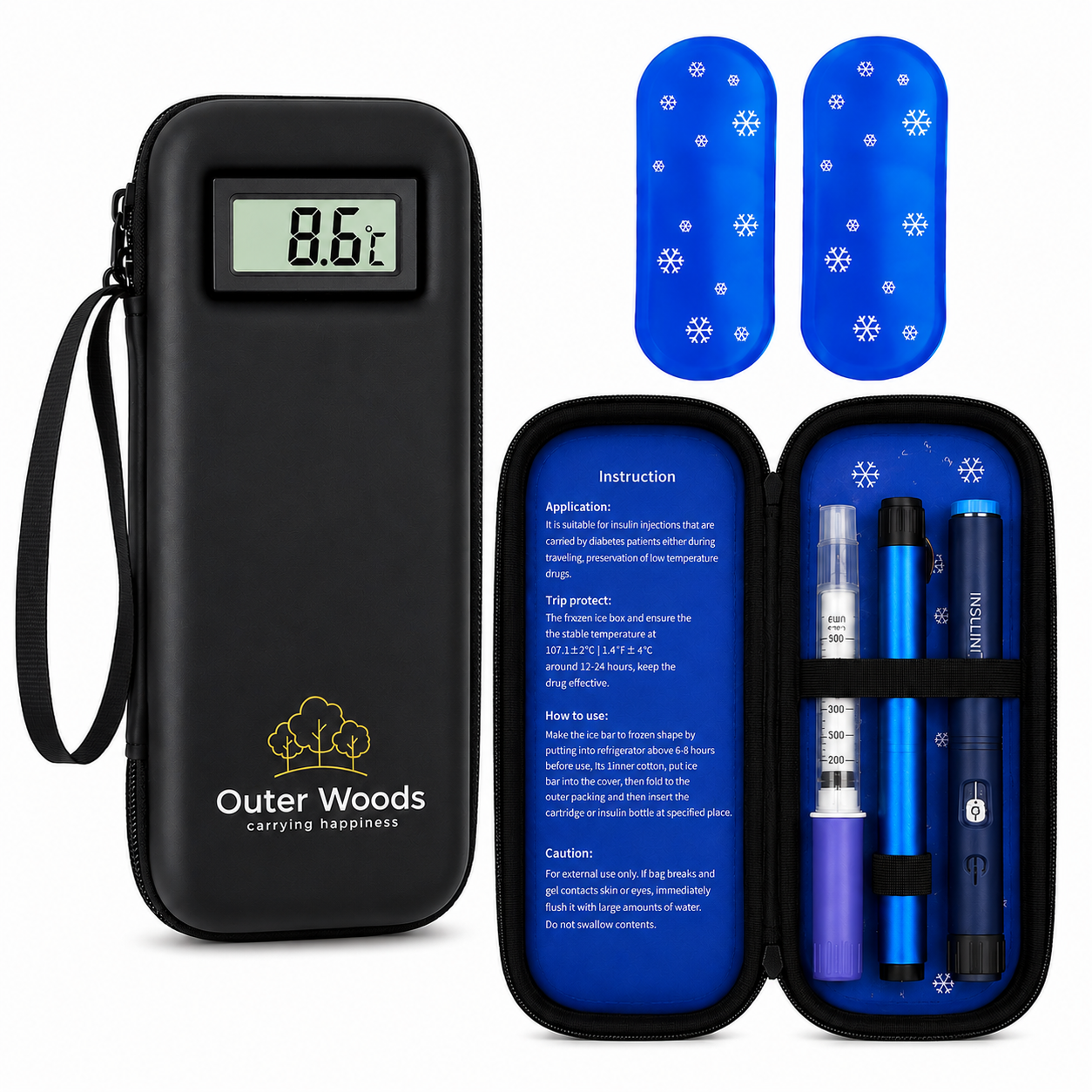 Outer Woods Insulated Insulin Cooler Bag with Temperature Display | 6+ Hours Cooling | 2 Ice Gel Packs Included