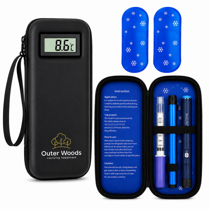 Outer Woods Insulated Insulin Cooler Bag with Temperature Display | 6+ Hours Cooling | 2 Ice Gel Packs Included