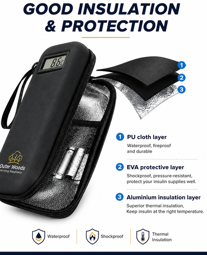 Outer Woods Insulated Insulin Cooler Bag with Temperature Display | 6+ Hours Cooling | 2 Ice Gel Packs Included