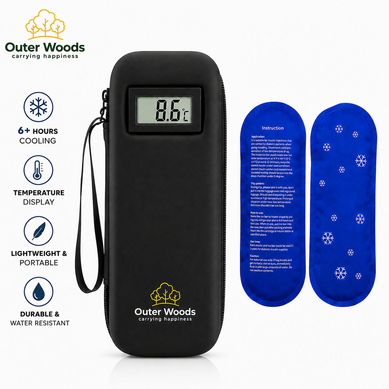 Outer Woods Insulated Insulin Cooler Bag with Temperature Display | 6+ Hours Cooling | 2 Ice Gel Packs Included