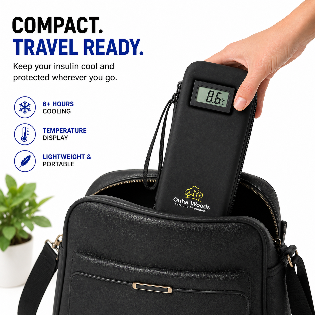 Outer Woods Insulated Insulin Cooler Bag with Temperature Display | 6+ Hours Cooling | 2 Ice Gel Packs Included