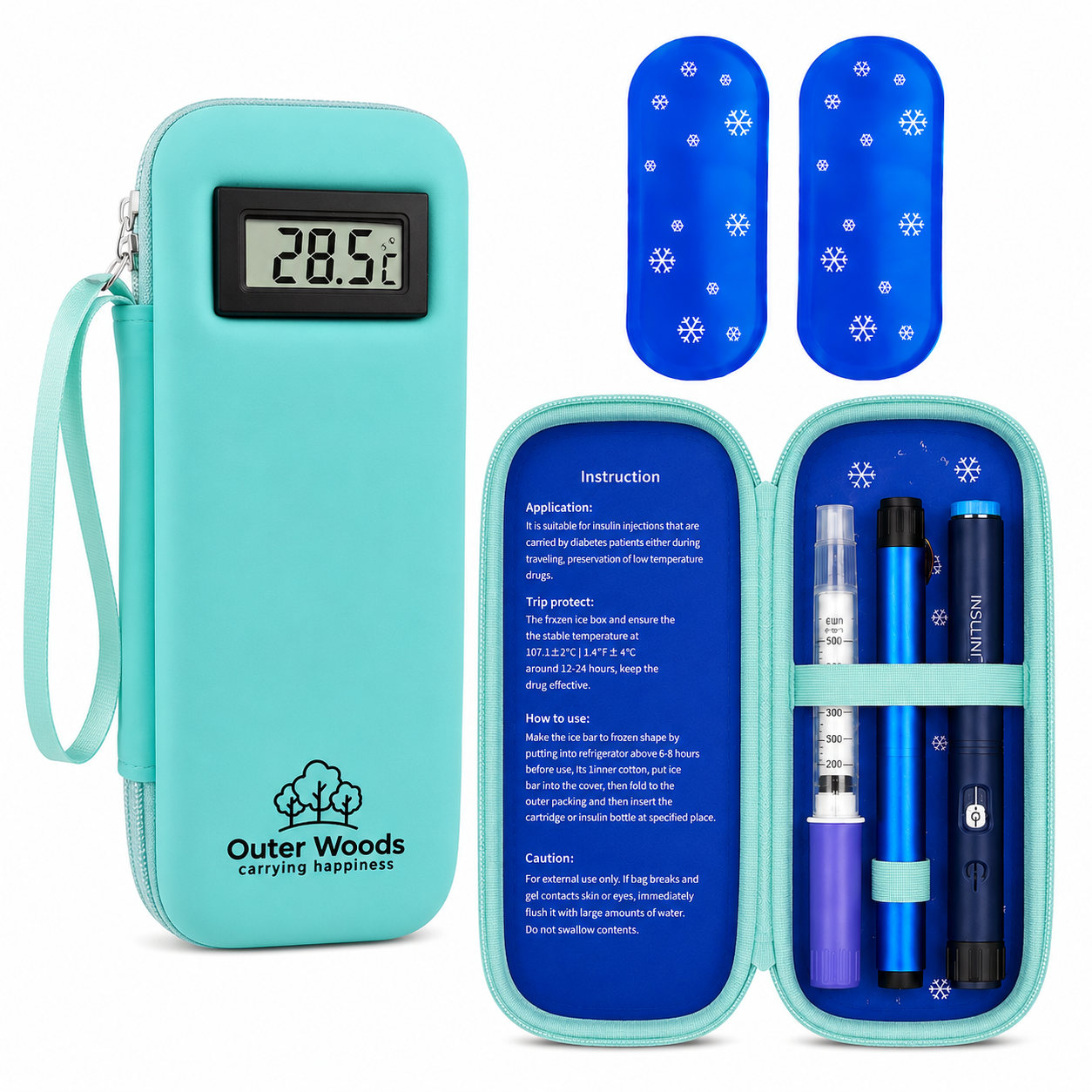 Outer Woods Insulated Insulin Cooler Bag with Temperature Display | 6+ Hours Cooling | 2 Ice Gel Packs Included