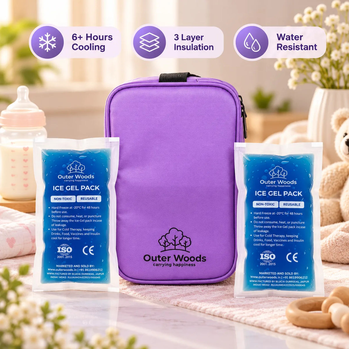 Outer Woods Insulated Breast Milk Cooler Bag On-the-Go | 6+ Hours Cooling | Fits 2 x 260ml Baby Bottles | 2 x 150ml Ice Gel Packs Included