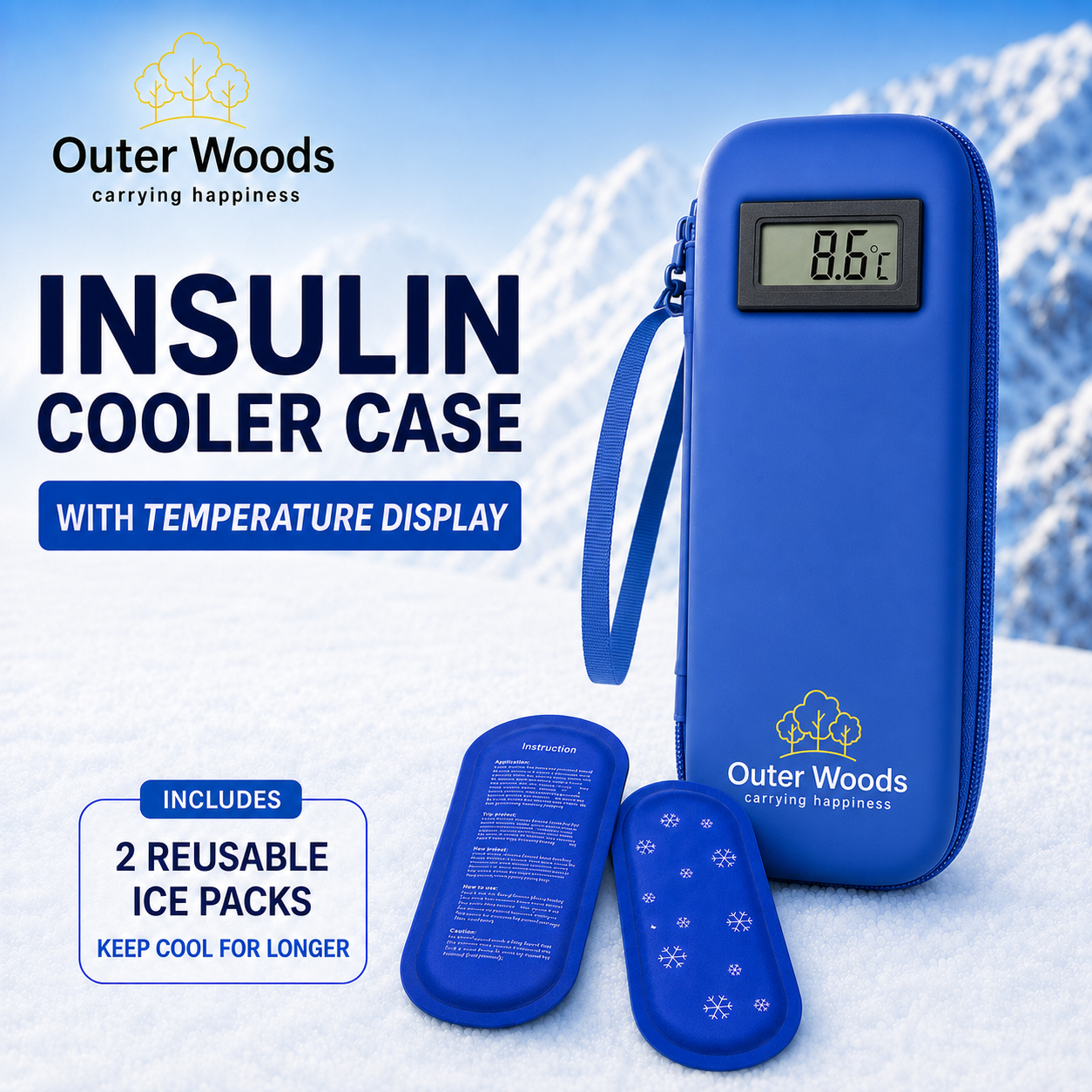 Outer Woods Insulated Insulin Cooler Bag with Temperature Display | 6+ Hours Cooling | 2 Ice Gel Packs Included