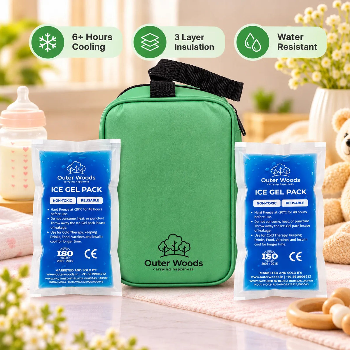 Outer Woods Insulated Breast Milk Cooler Bag On-the-Go | 6+ Hours Cooling | Fits 2 x 260ml Baby Bottles | 2 x 150ml Ice Gel Packs Included