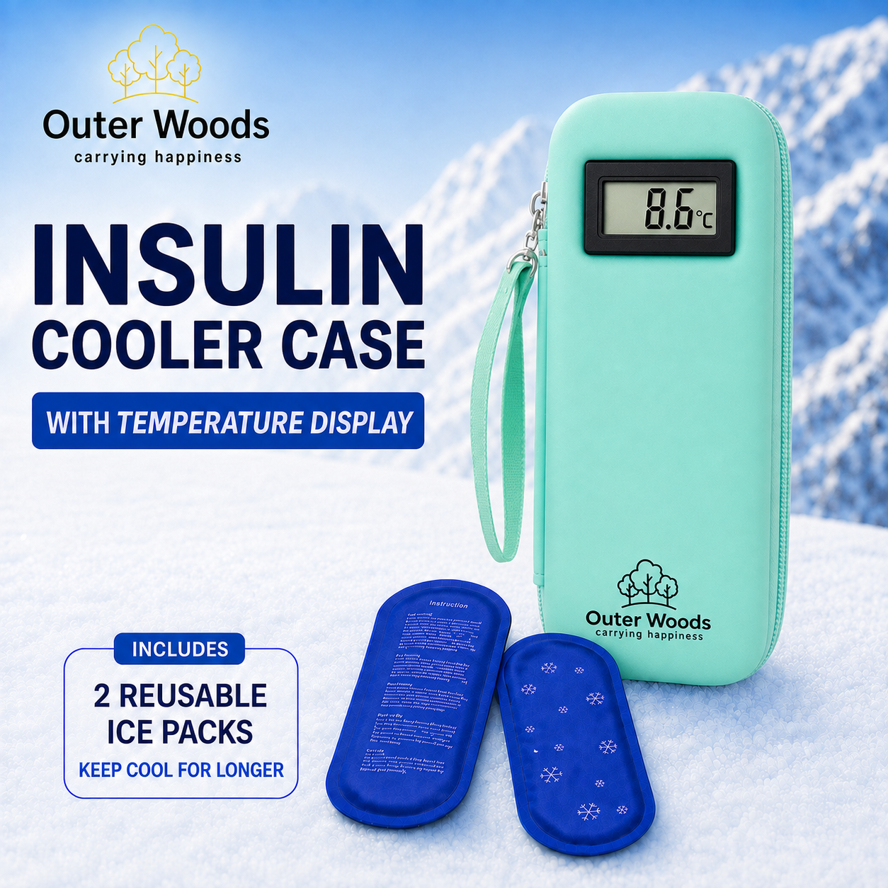 Outer Woods Insulated Insulin Cooler Bag with Temperature Display | 6+ Hours Cooling | 2 Ice Gel Packs Included