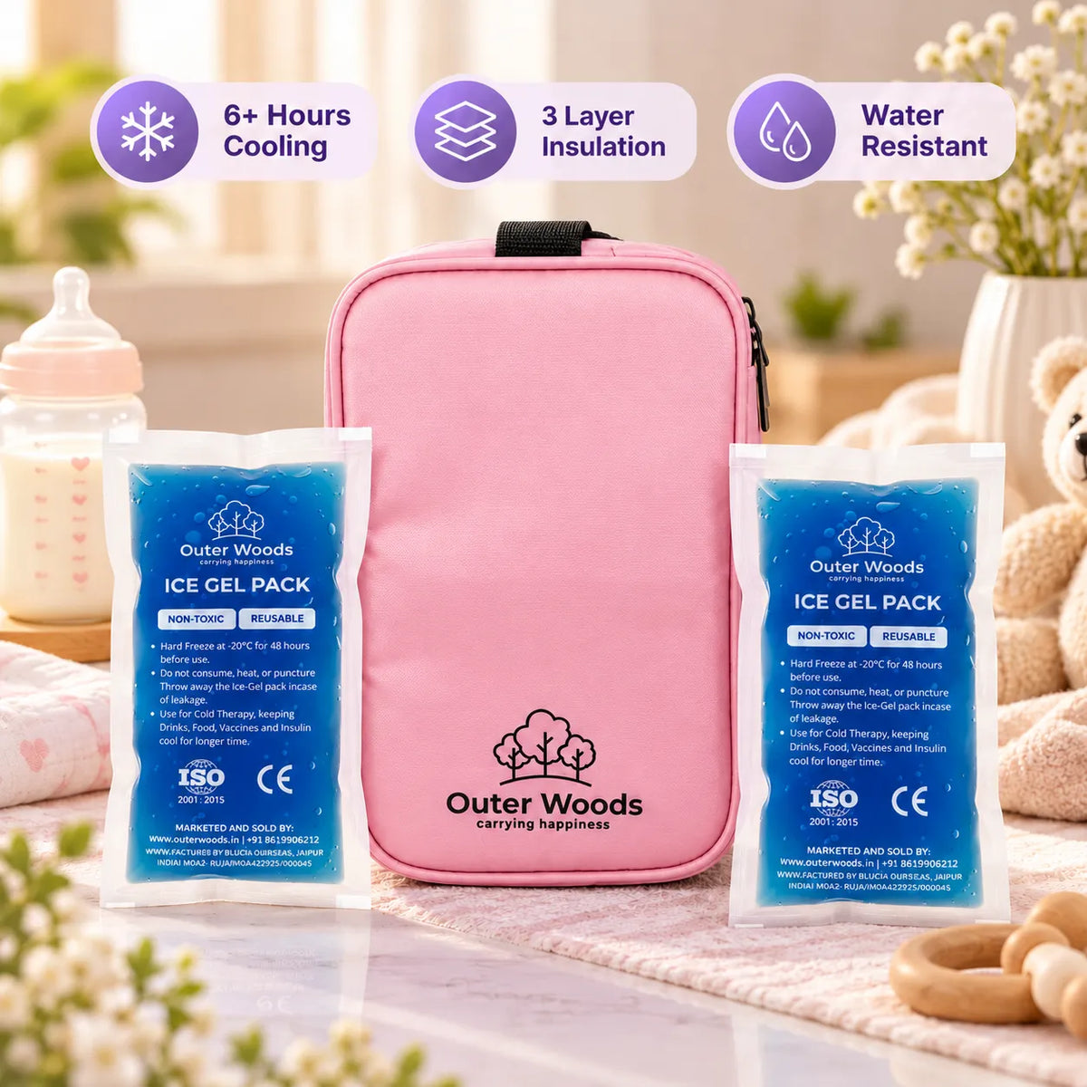 Outer Woods Insulated Breast Milk Cooler Bag On-the-Go | 6+ Hours Cooling | Fits 2 x 260ml Baby Bottles | 2 x 150ml Ice Gel Packs Included