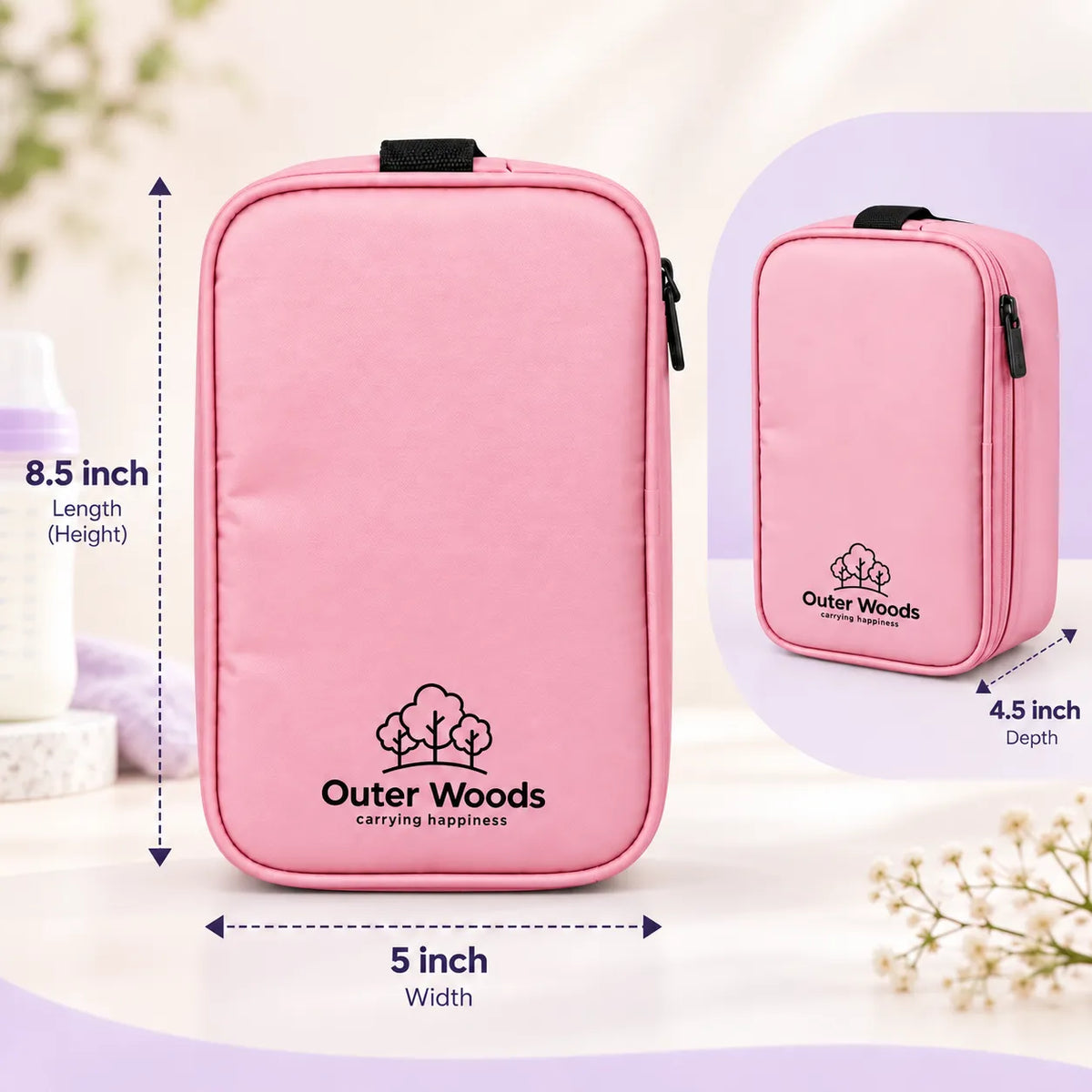 Outer Woods Insulated Breast Milk Cooler Bag On-the-Go | 6+ Hours Cooling | Fits 2 x 260ml Baby Bottles | 2 x 150ml Ice Gel Packs Included