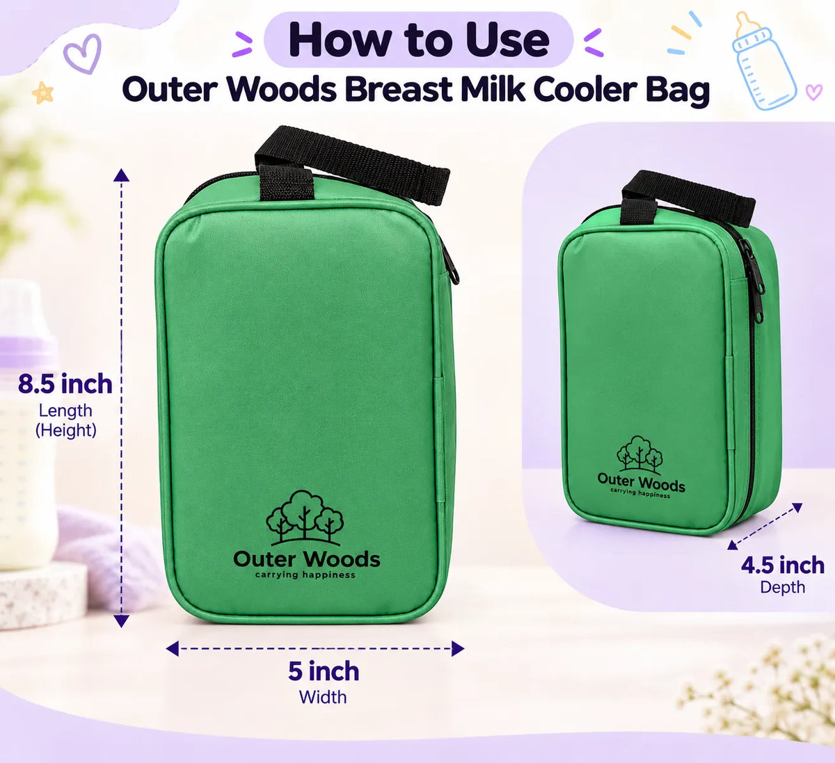 Outer Woods Insulated Breast Milk Cooler Bag On-the-Go | 6+ Hours Cooling | Fits 2 x 260ml Baby Bottles | 2 x 150ml Ice Gel Packs Included