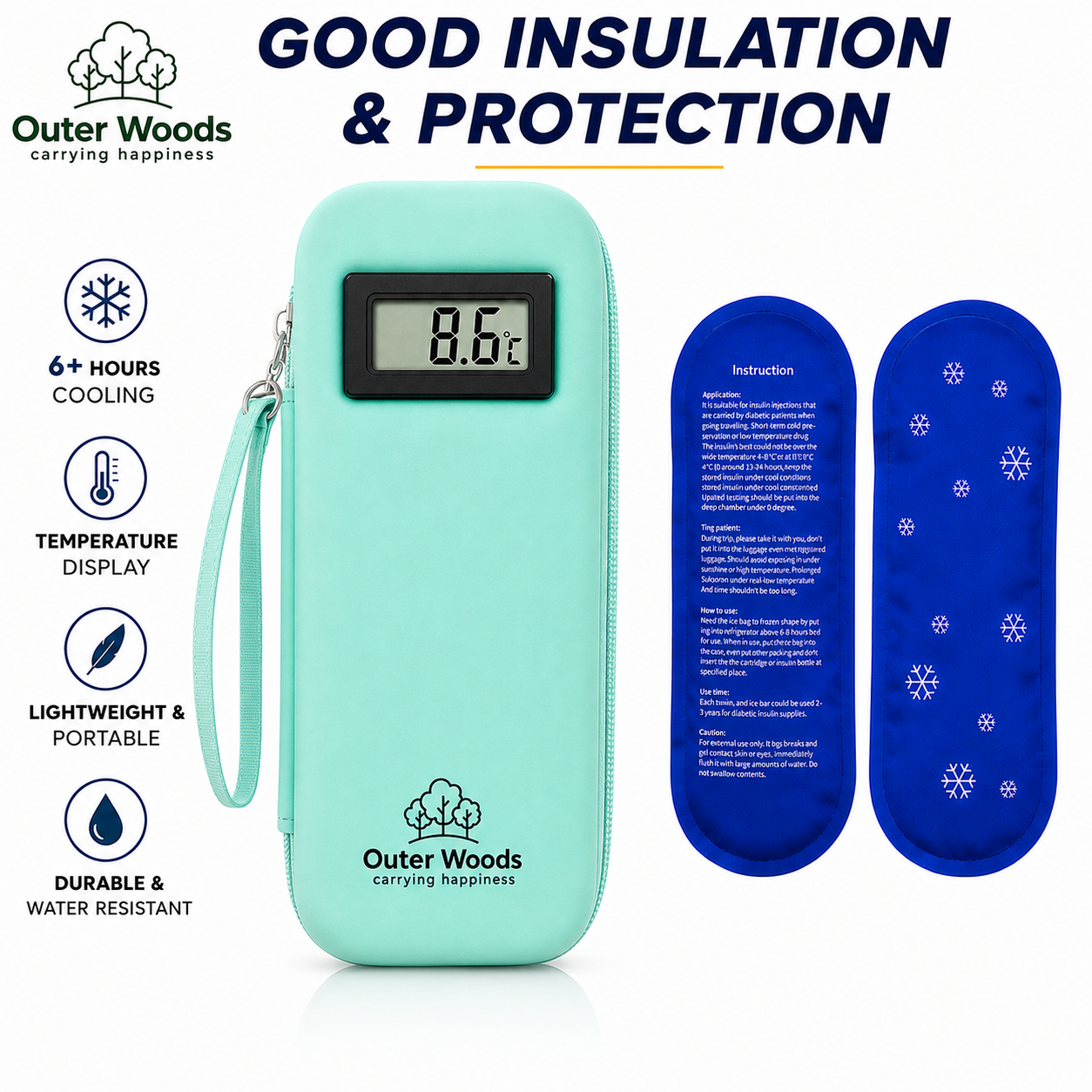 Outer Woods Insulated Insulin Cooler Bag with Temperature Display | 6+ Hours Cooling | 2 Ice Gel Packs Included