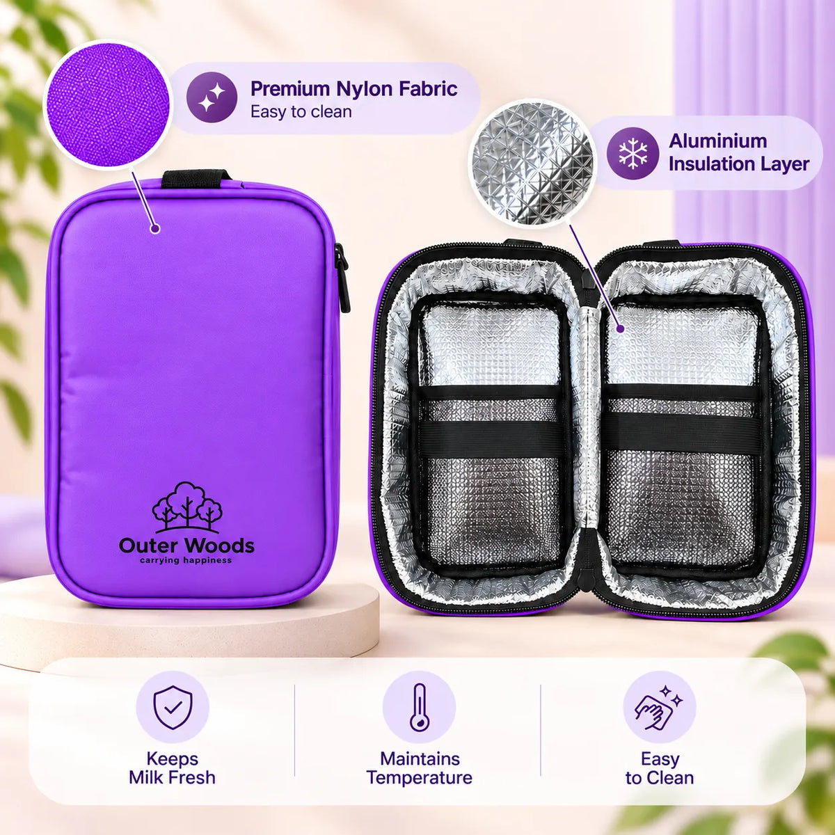Outer Woods Insulated Breast Milk Cooler Bag On-the-Go | 6+ Hours Cooling | Fits 2 x 260ml Baby Bottles | 2 x 150ml Ice Gel Packs Included