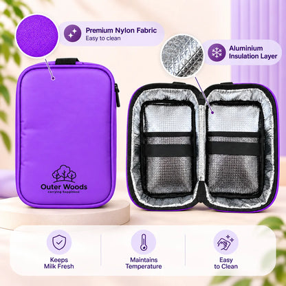 Outer Woods Insulated Breast Milk Cooler Bag On-the-Go | 6+ Hours Cooling | Fits 2 x 260ml Baby Bottles | 2 x 150ml Ice Gel Packs Included