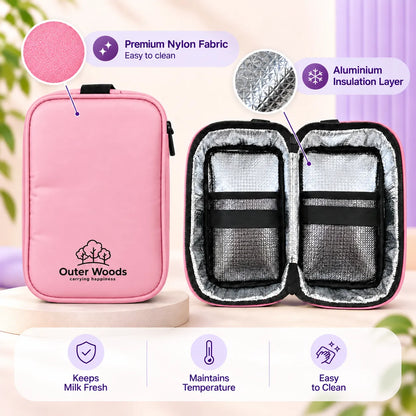 Outer Woods Insulated Breast Milk Cooler Bag On-the-Go | 6+ Hours Cooling | Fits 2 x 260ml Baby Bottles | 2 x 150ml Ice Gel Packs Included