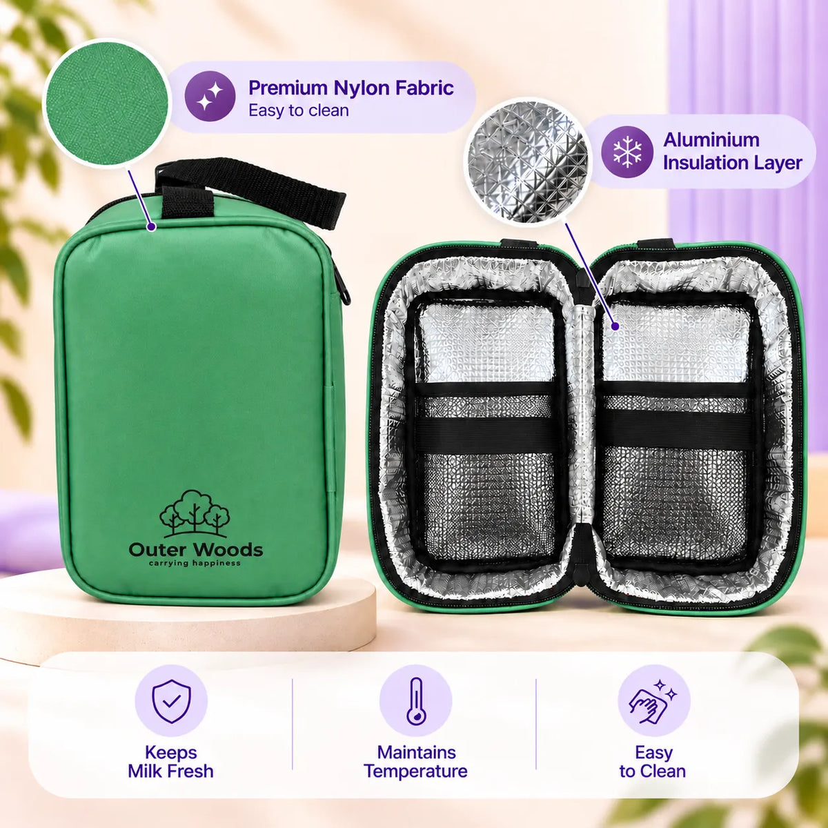 Outer Woods Insulated Breast Milk Cooler Bag On-the-Go | 6+ Hours Cooling | Fits 2 x 260ml Baby Bottles | 2 x 150ml Ice Gel Packs Included