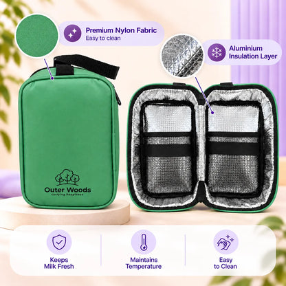 Outer Woods Insulated Breast Milk Cooler Bag On-the-Go | 6+ Hours Cooling | Fits 2 x 260ml Baby Bottles | 2 x 150ml Ice Gel Packs Included