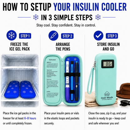 Outer Woods Insulated Insulin Cooler Bag with Temperature Display | 6+ Hours Cooling | 2 Ice Gel Packs Included
